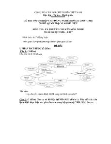 Đề thi tốt nghiệp cao đẳng nghề môn Lý thuyết chuyên môn nghề Quản trị CSDL - Mã đề thi QTCSDL - LT07