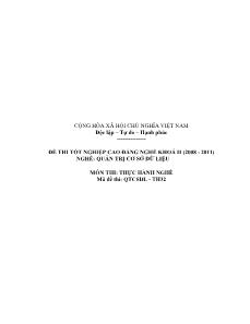 Đề thi tốt nghiệp cao đẳng nghề môn Lý thuyết chuyên môn nghề Quản trị CSDL - Mã đề thi QTCSDL - TH32