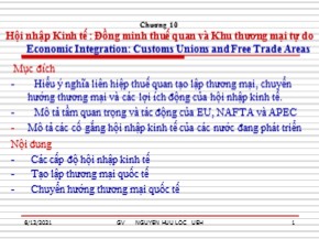 Bài giảng Thương mại quốc tế - Chương 10: Hội nhập Kinh tế : Đồng minh thuế quan và Khu thương mại tự do - Nguyễn Hữu Lộc
