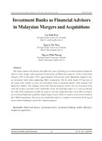 Investment banks as financial advisors in Malaysian mergers and acquisitions