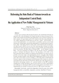 Reforming the state bank of Vietnam towards an independent central bank: Theapplication of new public management in Vietnam