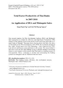 Total Factor Productivity of Thai Banks in 2007-2010 - An Application of DEA and Malmquist Index