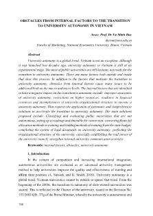 Obstacles from internal factors to the transition to university autonomy in Vietnam
