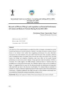 Reseach on effects of merger and acquisition on financial performance of commercial banks in Vietnam during period 2011-2015